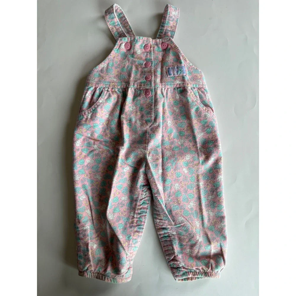 Vintage OshKosh Bgosh Pink Floral Bear Bunny Flannel Overalls 24M Made in USA